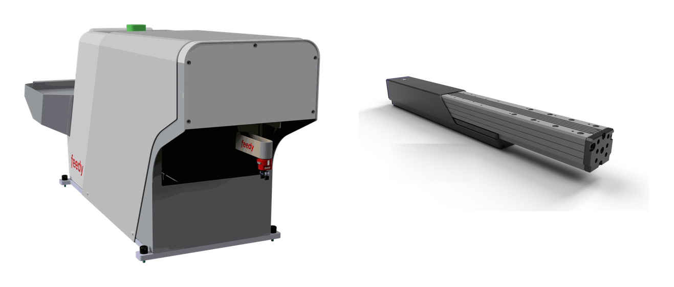 Die beiden von TNIA vertretenen Produkte nebeneinander: das Zuf&uuml;hrsystem feedy und ein lineares Bewegungsmodul von Compact Motion